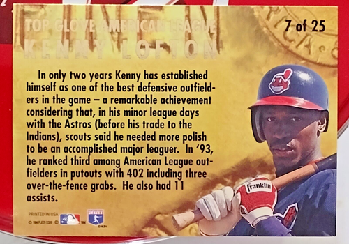 Baseball Card # 7 Kenny Lofton (OF ) CLEVELAND FLEER ULTRA Award Winners 1994 - Picture 2 of 2