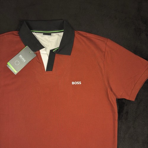 Hugo Boss Men’s Stretch Cotton Polo Shirt Zip Dark Red Regular Fit size Large