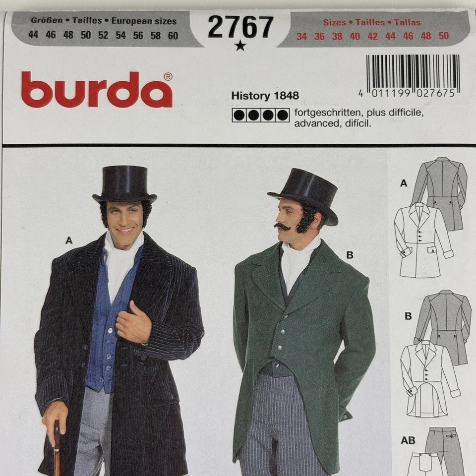 Burda 2767 Hombres Regency Bridgerton Chaquetas Pantalones Chaleco Coser Patrón Talla 34-50 UC FF Foto 4 de 4