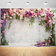 7x5ft Wedding Backdrop, Rustic White Brick Wall, Flowers, Bridal Shower Prop
