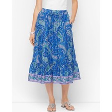 Talbots Paisley Blue Purple 100 Cotton Flounce Hem Midi Full Skirt MEDIUM