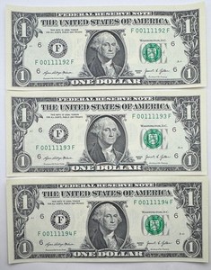 2021 x 3 $1 Bill Banknote - UNC One Dollar Bills - Low Sequential Serial Numbers