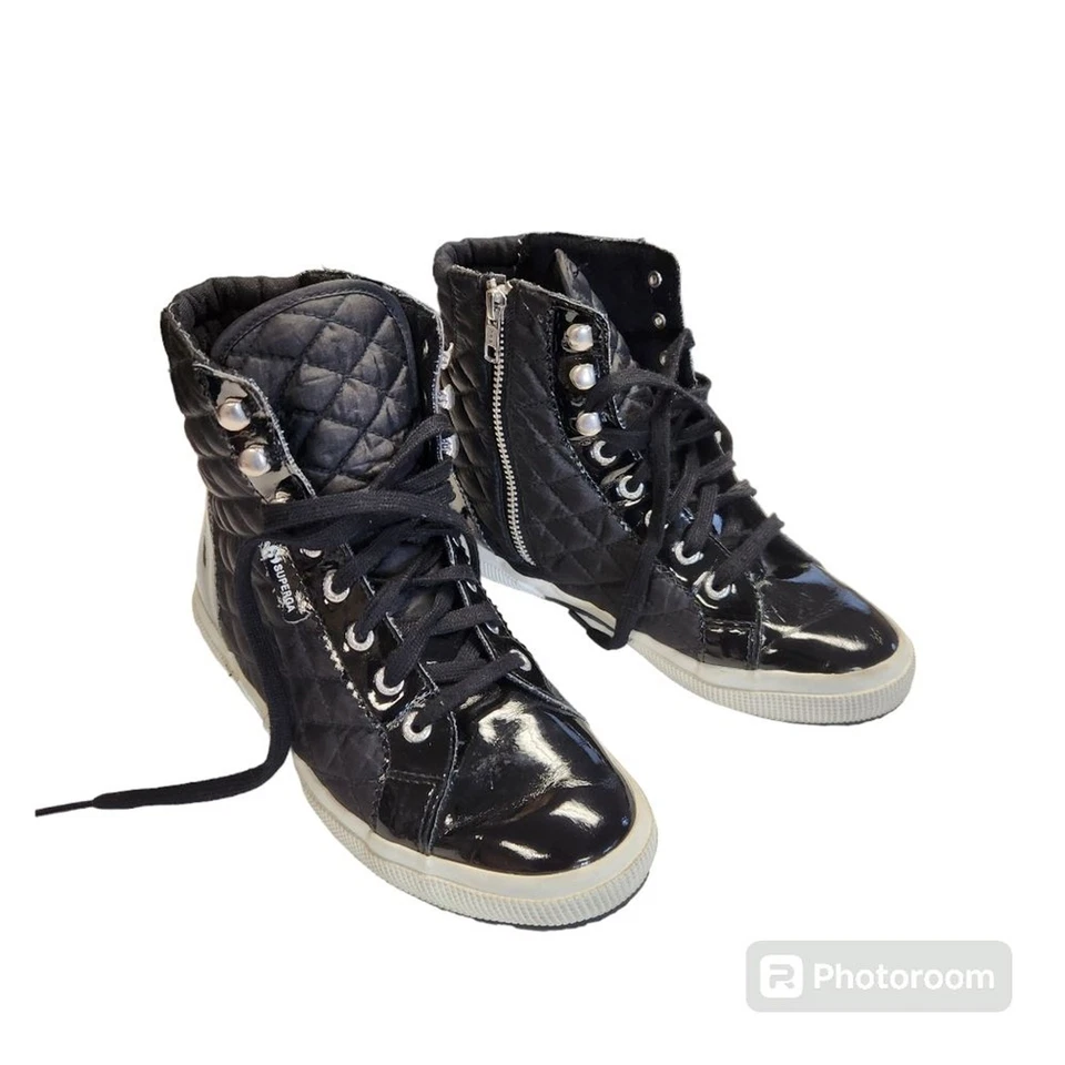 Botas Deportivas Superga Negras Con Cordones Cremallera Lateral Acolchadas Charol EU 38 US 7.5 Foto 2 de 4