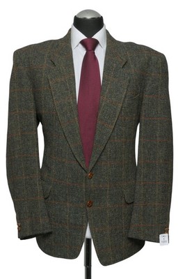 Harris Tweed Sakko Jackett 52 grün oliv kariert Einreiher 2-Knopf Lederknopf