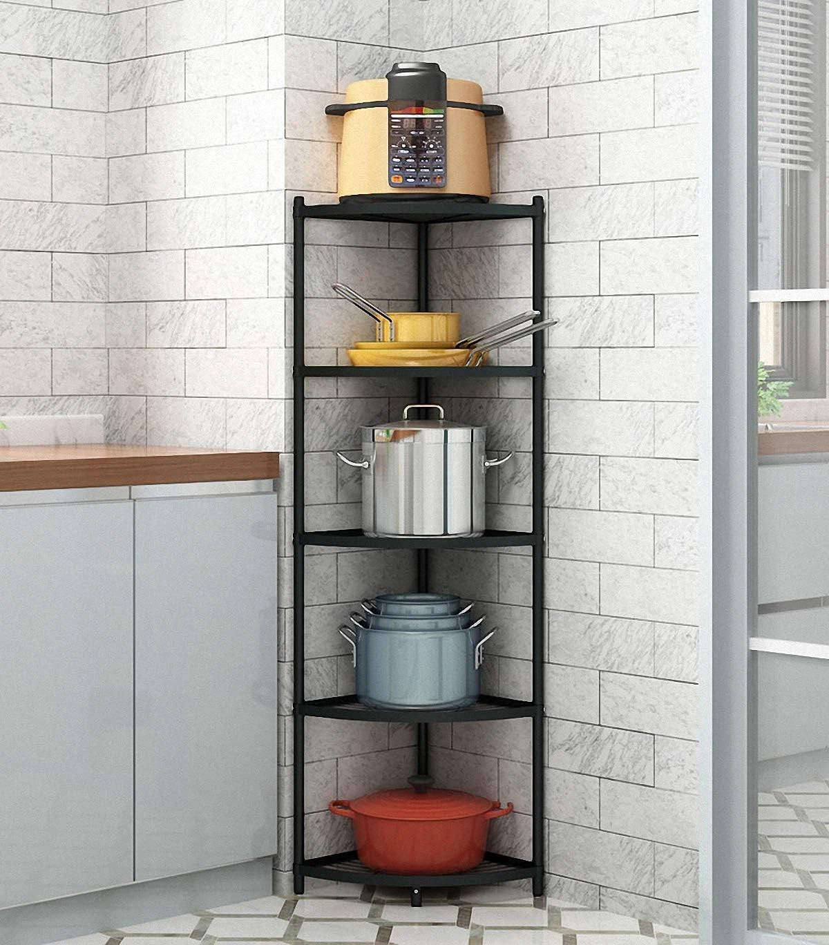 5-Tier Kitchen Corner Shelf Rack Free Standing Pot Rack Organizer Stainless