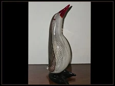 Vintage Black White Striped Penguin Murano Style Heavy Glass Figurine-EUC!