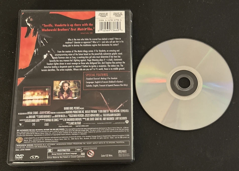 V For Vendetta DVD Natalie Portman, Hugo Weaving Stephen Rea John Hurt 2006 Used - Image 2 of 4
