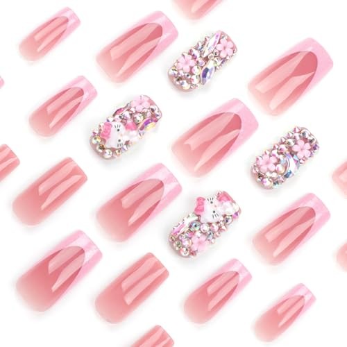 Pink Glitter French Tip Press on Nails Medium Cute Cartoon Nails Style 7 - Bild 3 von 5