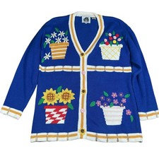 Storybook Strick Cardigan Damen M blau Blumen bestickt Ramie Baumwolle Pullover
