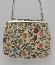 Vtg Floral Needlepoint Tapestry Evening Bag MCM Petit Point Kiss Lock Purse EUC