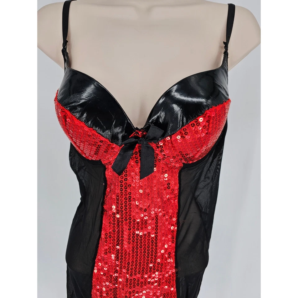 复古 Y2K Tarea by Rue 21 Nightie 黑色人造皮革红色亮片毛皮装饰 36D — 第 2/4 张图片