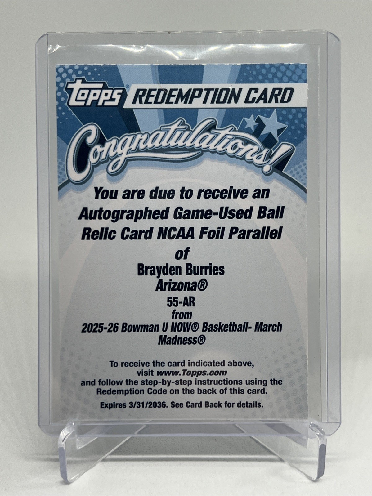 2026 Bowman U Now Brayden Burries Game Used Ball Auto /26 Redemption view 1