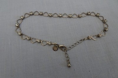 Silver Tone Anklet Minimalist Open Hearts & Rhinestone Designer VJ Womens