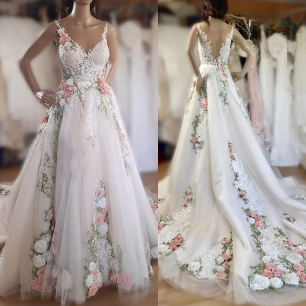 Vintage 3D Florals Wedding Dresses V-Neck Sleeveless Tulle A-Line Bridal  Gowns