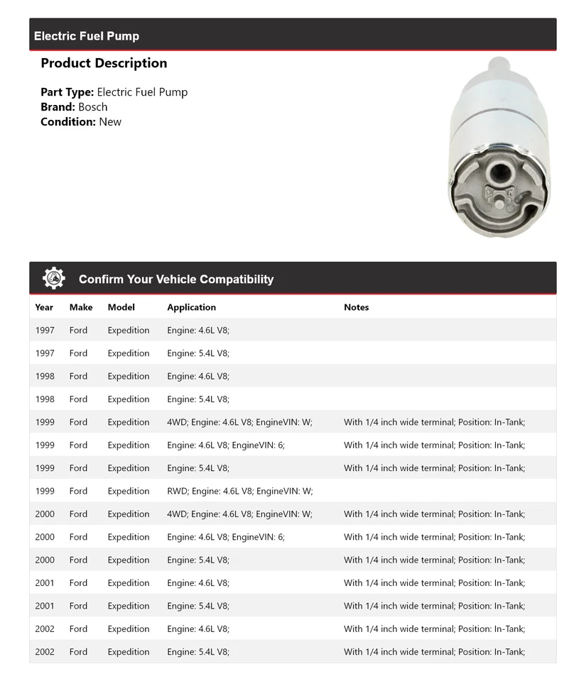 Bomba de combustible eléctrica para Ford Expedition Bosch 1997-2002 1998 1999 2000 2001 Foto 2 de 4