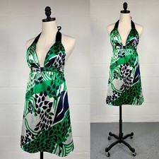 Vintage Y2K Forever 21 Liquid Satin Mini Halter Dress Plunge Neck Heart Print S