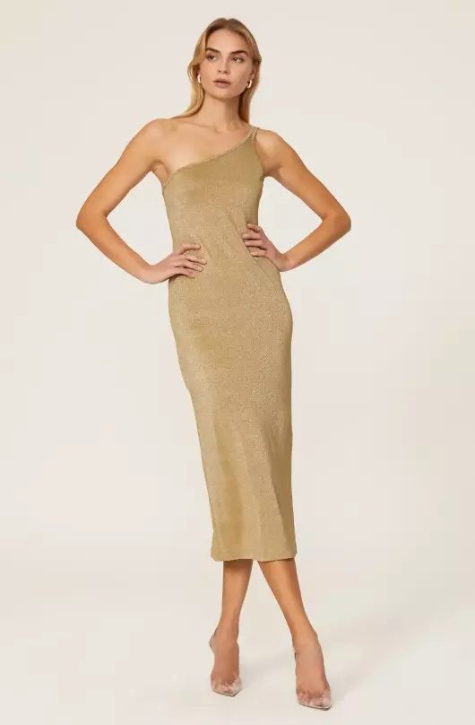 THIRD FORM Gold Shimmer One Shoulder Dress Size 4 Evening Cocktail