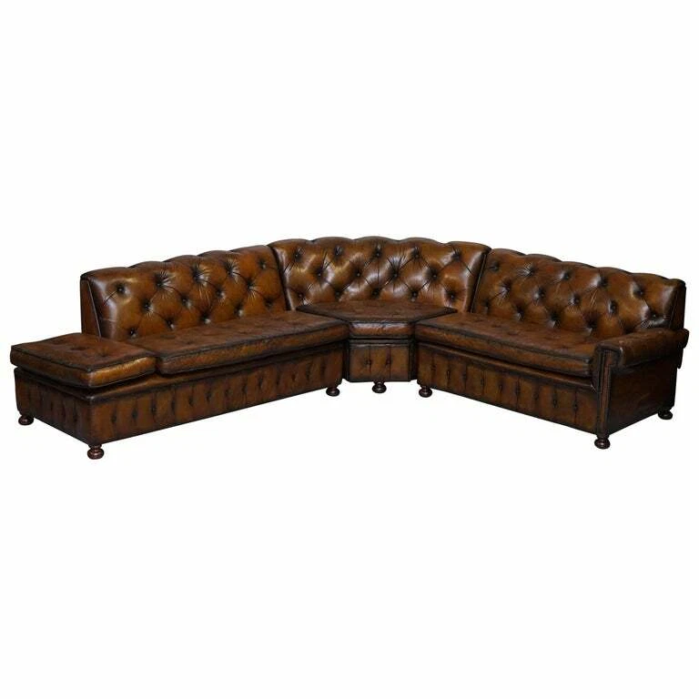 VINTAGE HARRODS CHESTERFIELD HAND DYED CIGAR BROWN LEATHER CORNER SOFA WALNUT