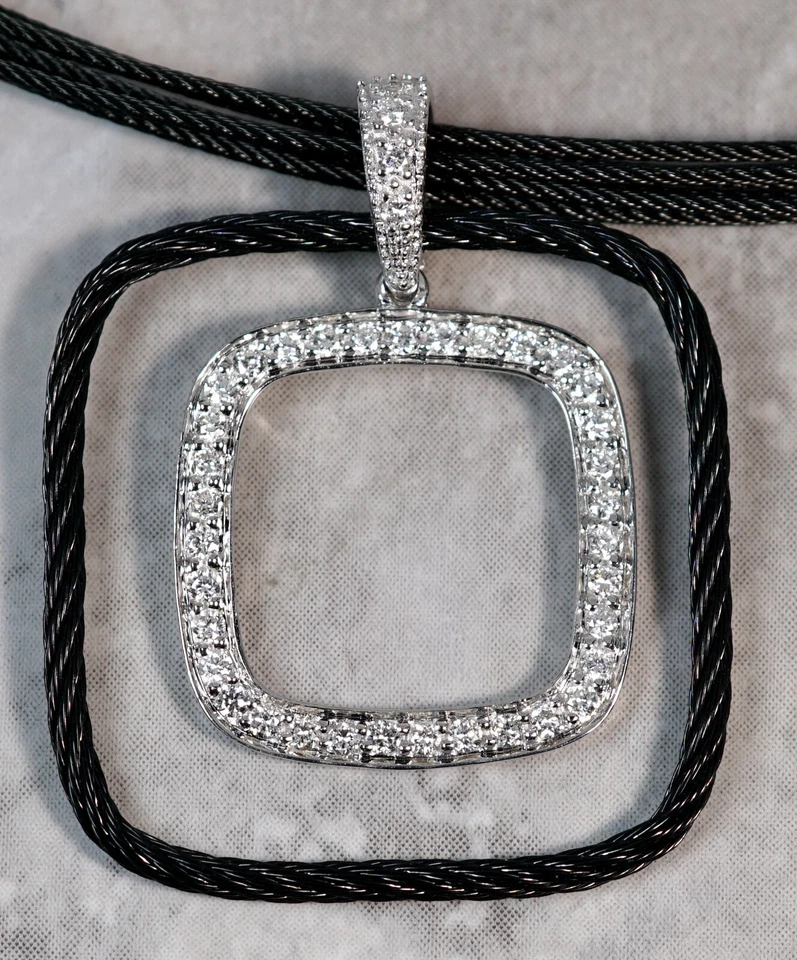 Collar Colgante Cuadrado Diamante Cable Negro Oro Blanco 18K ALOR Foto 3 de 4