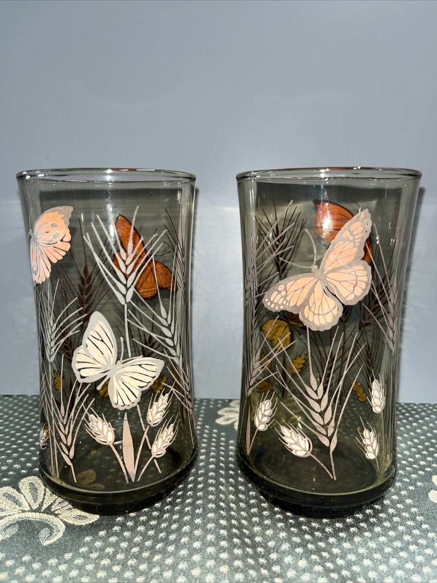 Vintage Libbey Butterfly With Wheat Design Drinking Glasses Set Of