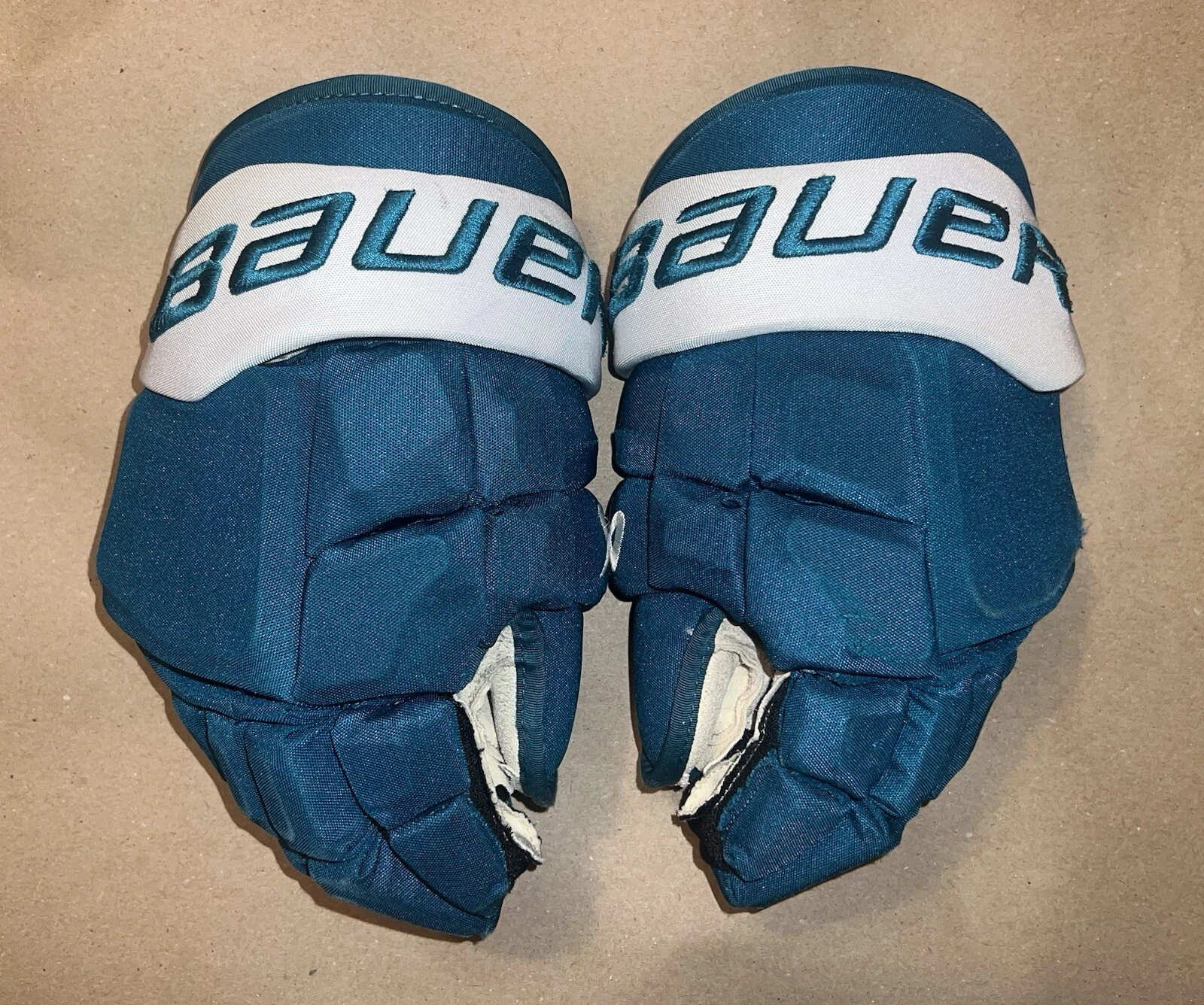 Gants de hockey San Jose Sharks Teal Bauer Mach Game d'occasion émis par l'équipe 14