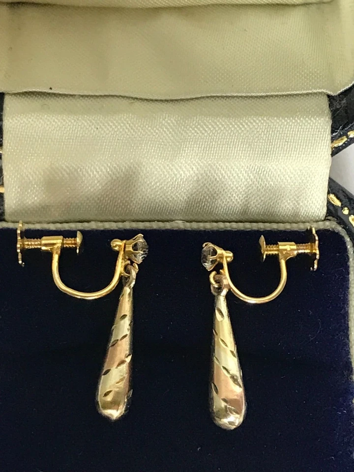 Old-cut Clear Stone 9ct Gold Screw Back Dangle Drop Vintage Earrings - Image 4 of 4