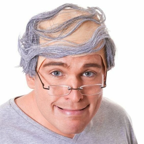 Baldy Man Wig Bald Comb Over Gray Slaphead Old Man Senior Nerd Costume