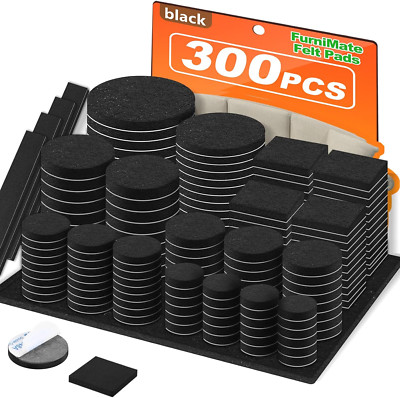 FurniMate Felt Furniture Pads 300pcs Black Self Stick Floor Protectors Hardwood