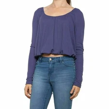 Free People Womens New Navy Ruffled Scoop Neck Long Sleeve T-Shirt Top Pick Size