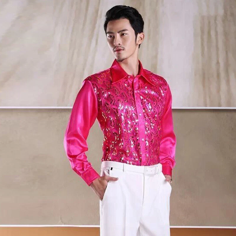 Camisa de encaje con lentejuelas para hombre manga larga abotonada noche fiesta escenario ropa de club nocturno color Foto 4 de 4