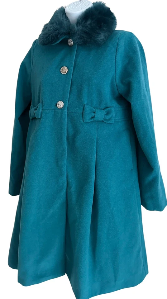 Rothschild Girl Coat Teal Faux Fur Collar Fully Lined Decorative Buttons Bows 16 - Image 2 of 4