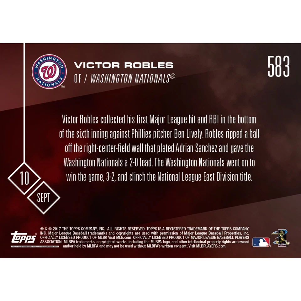 2017 VICTOR ROBLES 1st BIG LEAGUE HIT NATIONALS TOPPS NOW CARD #583 + TOPLOADER - Image 2 of 2