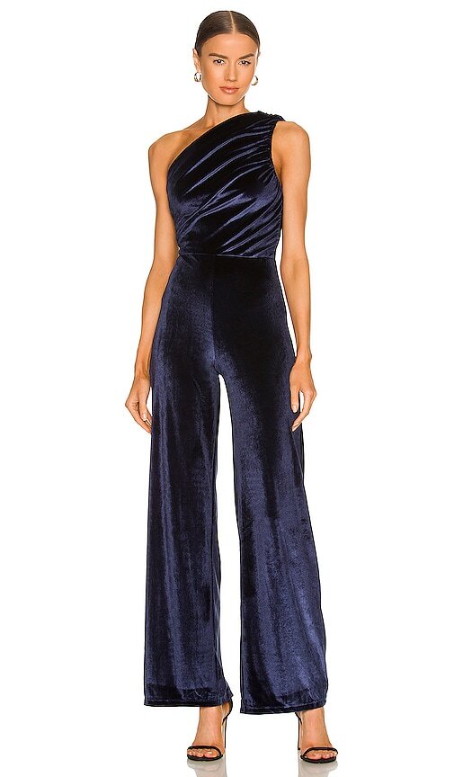 HOUSE OF HARLOW 1960 X REVOLVE BRIANZA JUMPSUIT IN BLUE VELVET SIZE S *RRP £203