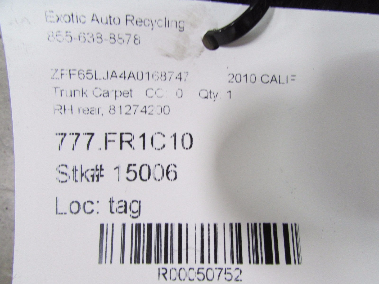 Ferrari California, RH, Right Rear Trunk Carpet, P/N 81274200