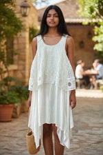Alya Women's White Handkerchief Embroidered Sleeveless Scoop Neck Swing Dress M