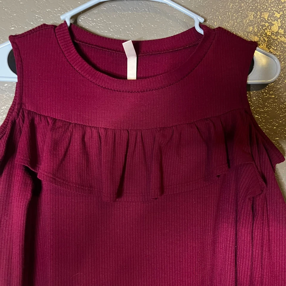 Xhilaration Girls XL 14/16 Burgundy Cold Shoulder Long Sleeve Ruffle Top - Image 3 of 4