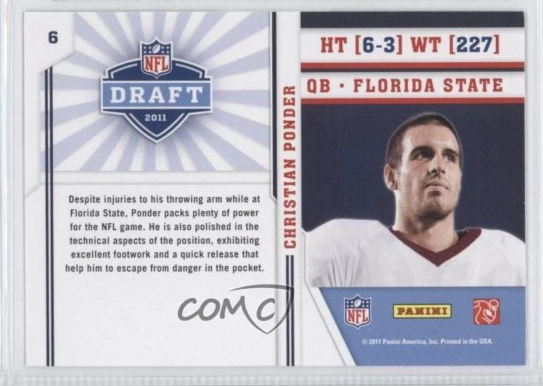 2011 Panini Prestige NFL Draft Class Christian Ponder #6 Rookie RC - Image 2 of 2