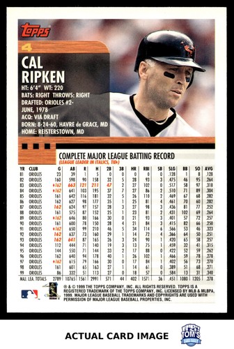 2000 Topps #4 CAL RIPKEN Baltimore Orioles HOF NM - Picture 2 of 4