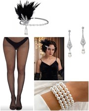 4 Piece Flapper Accessories- Headband, Stockings, Pearl Earrings and Bracelet