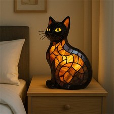 New Cat Lamp Retro Tabletop Stained Glass Night Light   Home Bedroom