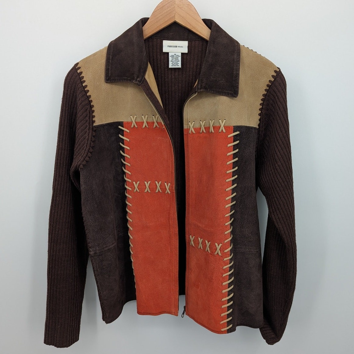 VTG Patchwork Leather Jacket Sz Medium Ribbed Kni… - image 4