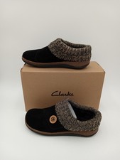 Clarks Slippers Womens Black Suede Knit Cuff Comfort Clog 1B1031-K201 Size 8