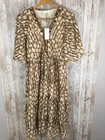 NEW Kaktus Animal Print Boho Beaded V Neck Tiered Dress Midi Lined Browns