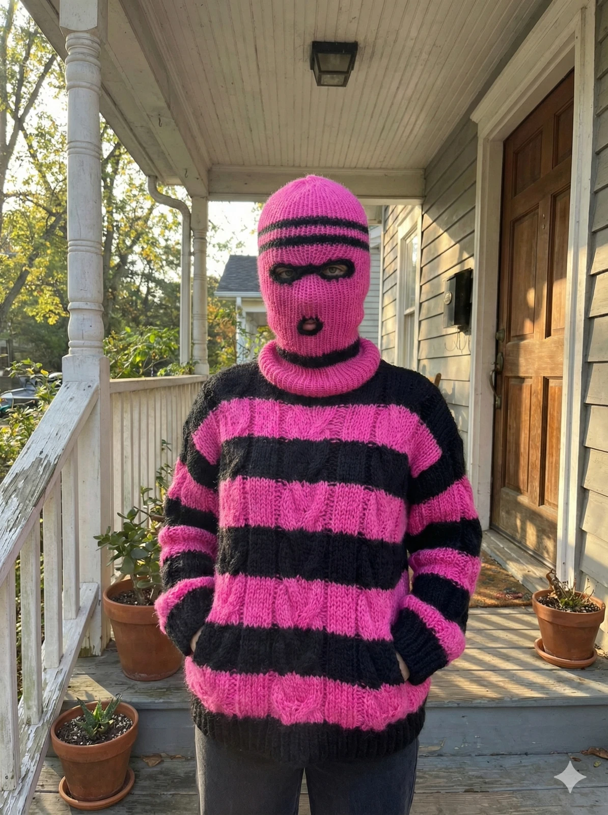 Balaclava Ski Mask Alpaca Silk 3 Hole Pink/Black Stripe Winter Hat