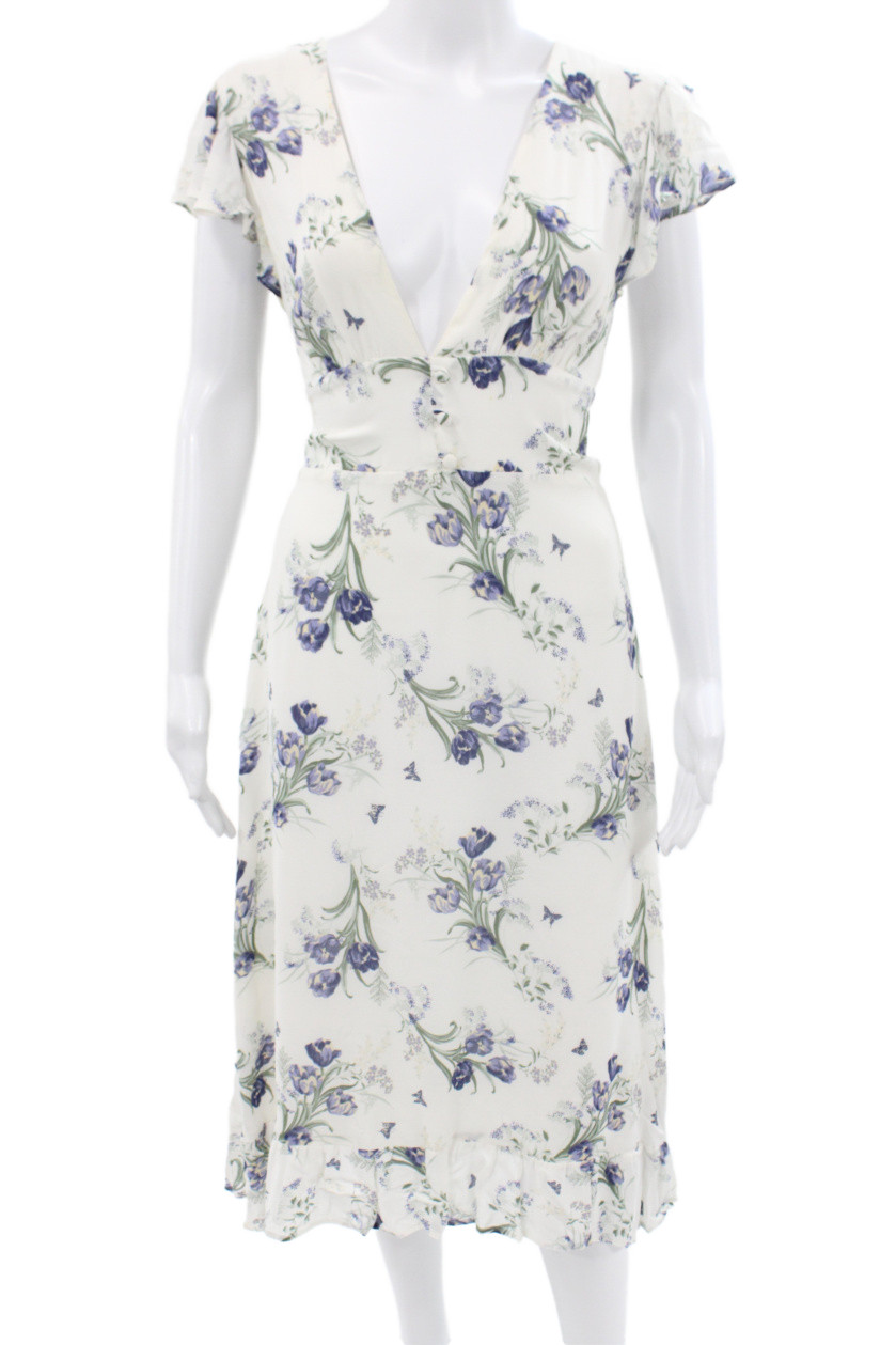 Reformation Womens Sundress White Floral V Neck Short Sleeve Viscose Size 10Free Shipping in US $100+ Orders | $6.95 Orders Below