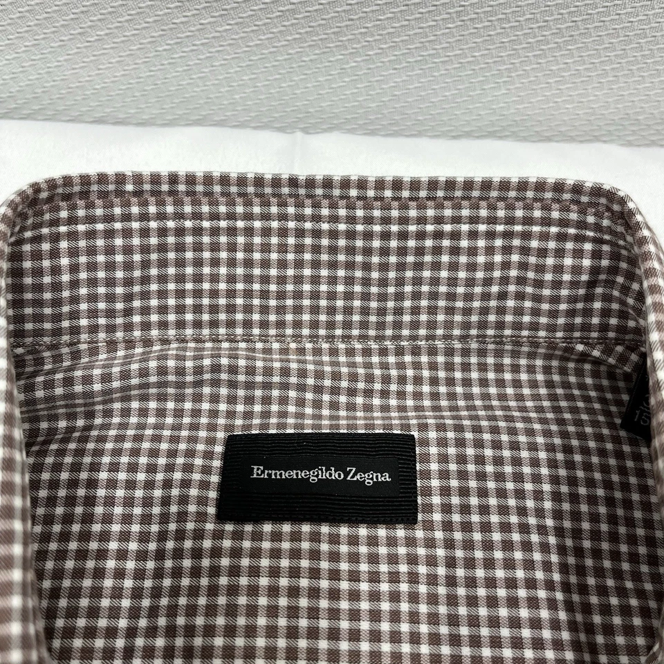 Ermenegildo Zegna Shirt Mens 39 15.5 Gingham Check Dress Long Sleeve Brown White - Image 3 of 4