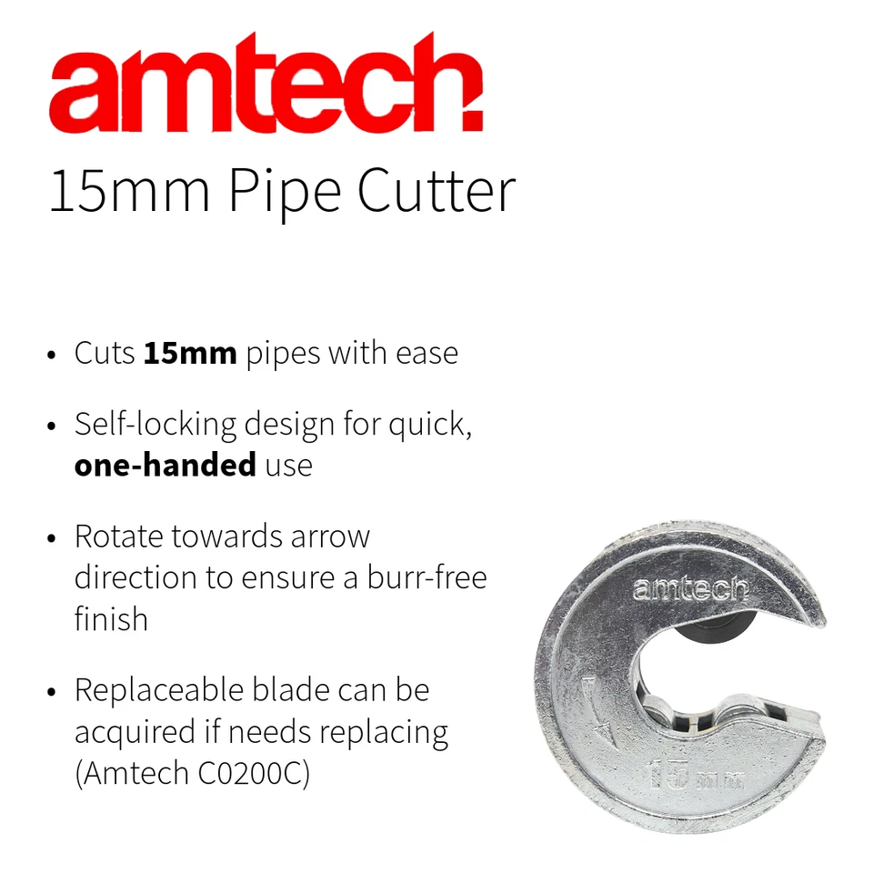 Amtech 15mm Copper Pipe Cutter Mini Pipe Cutter Burr-Free Self-Locking Tool - Image 3 of 4