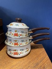 Set Of 3 Vintage Floral Enamel Lidded Saucepans