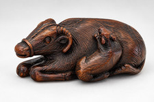 Antique Japanese Wood Netsuke Recumbent Cow with Calf Ox Cattle Japan