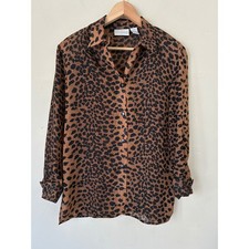 Liz Claiborne Petite Leopard Print Button Down Blouse Brown Black Y2K Top PS